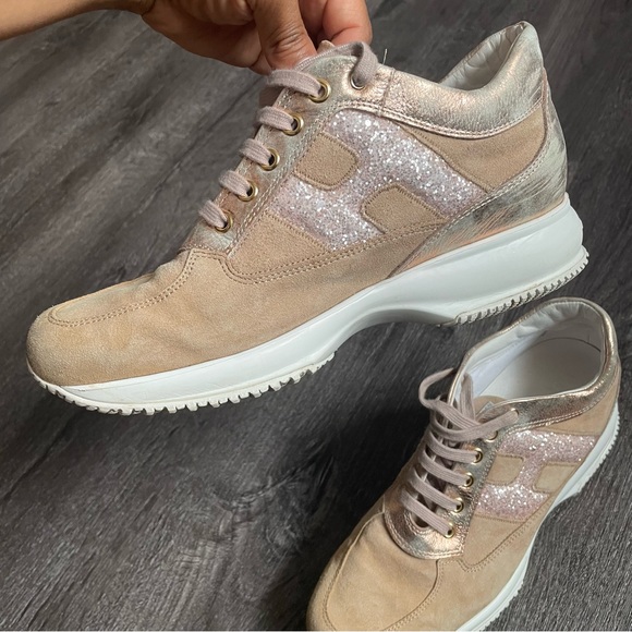 Hogan Beige Pink Glitter Woman’s interactive lace up Sneakers (39 1/2) - Picture 11 of 15